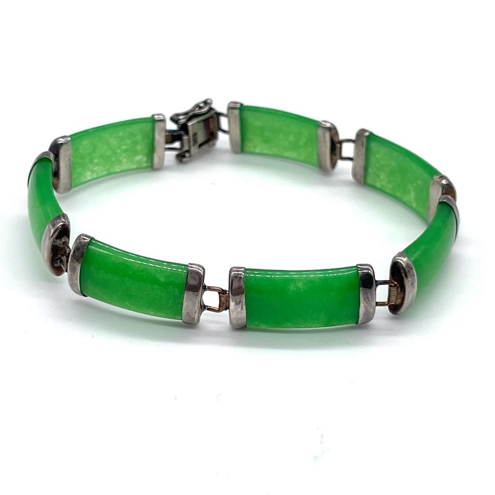 Chinese Vintage 925 Sterling Silver Apple Jade links Bracelet